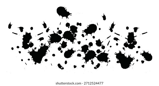 Una colección de tinta negra salpica y cae esparcida por una superficie blanca.