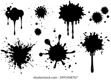 A collection of black ink splatters on a white surface