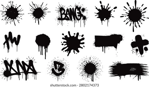 A collection of black ink splatters, spray paint marks, and graffiti style tags on a white background. The set various messy shapes, drips, and grunge artistic textures for
