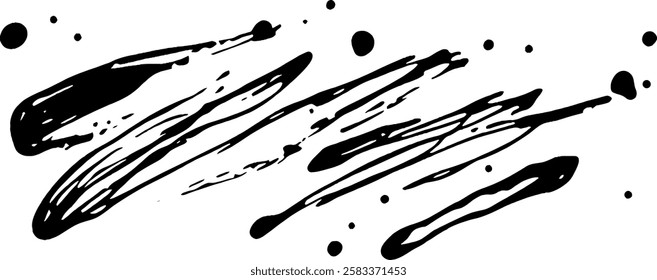 A collection of black ink splatters and strokes on a white background, showcasing various shapes and sizes. Ideal for artistic or design purposes.
