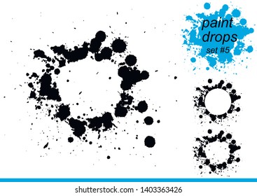 Collection of black ink spots. Ink splashes, dirt splashes, a stain of paint, splashes with drops of paint. Isolated vector set.
