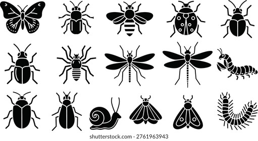 Collection of black insect including butterfly bee ladybug spider snail and centipede
