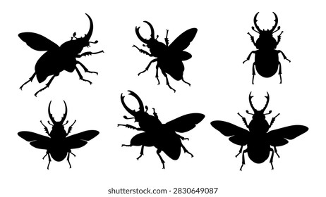 Collection of black insect silhouettes featuring beetles, flies, and other bugs, showcasing diverse shapes and sizes on a plain background.