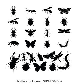 Collection of black insect silhouettes, various bugs, beetles, butterflies, dragonflies, and more on white background