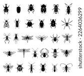 Collection of black insects isolated on a white background.