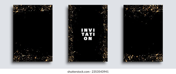 Collection of black invitations with gold glitter. Invitation, greeting card, poster design templates.