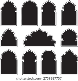Collection of black Islamic arch silhouettes, Mughal window frames, and Moroccan door shapes. Oriental vector elements for Ramadan, Eid, and traditional Arabic architectural design.
