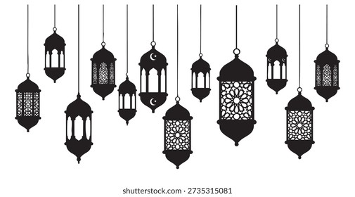 Collection of black Islamic lanterns with intricate patterns hanging on white background lamp