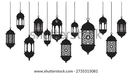 Collection of black Islamic lanterns with intricate patterns hanging on white background lamp