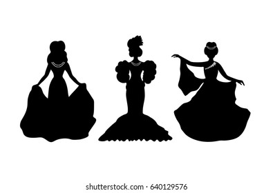 Collection of black isolated woman silhouettes. Vintage set with retro women. Romantic women in modern dresses