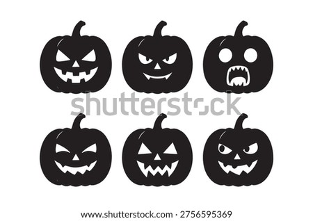 A collection of black jack-o'-lantern silhouettes displaying diverse, frightening halloween facial expressions.