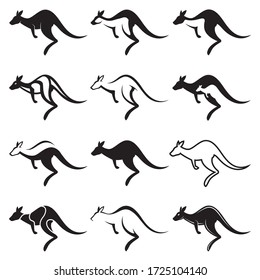 collection of black jumping kangaroo icon isolated on white background