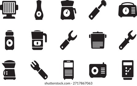 Coleção de cozinha preta e utensílios domésticos
