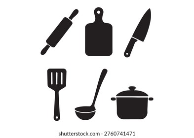 A collection of black kitchen tools depicted as simple, isolated silhouettes.