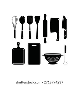 A collection of black kitchen utensils and cutting boards displayed neatly