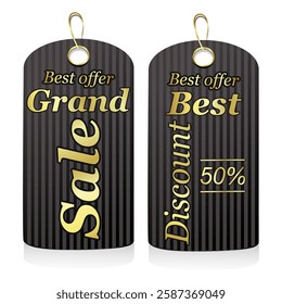 collection of black labels with gold text grand sale and best discount