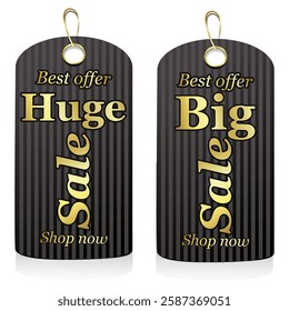 collection of black labels with gold text huge sale and big sale