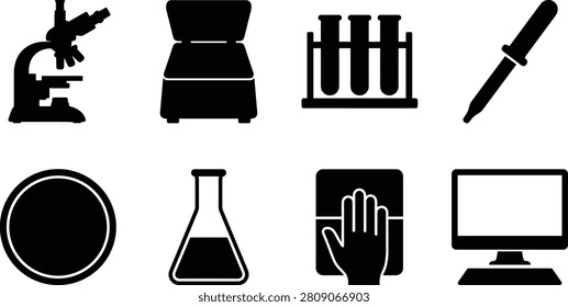 A collection of black laboratory icons representing science, medical research, and biotechnology workflows on a solid white background. This clean vector set includes a microscope, centrifuge, test tube rack, pipette, petri dish, erlenmeyer flask, biometric scanner, and a computer monitor.