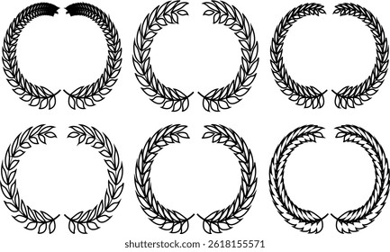 Una colección de diseños de corona de laurel negro en estilos minimalistas y elegantes. Perfecto para su uso en premios, certificados, logotipos y Elementos decorativos que simbolizan la victoria, el honor y los logros