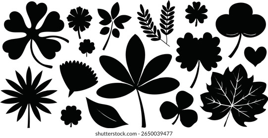Collection of black leaf silhouettes on white background