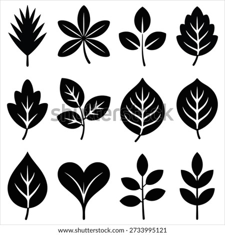Collection of Black Leaf Silhouettes on White Background Keywords: leaves, foliage, nature