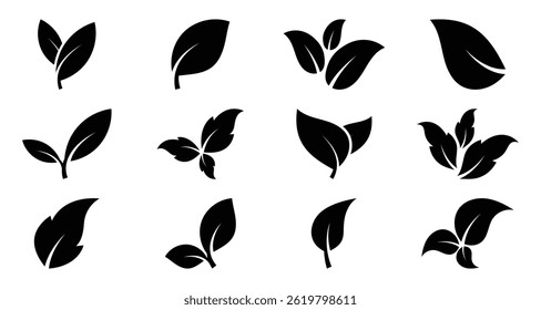 Collection of black leaf vector icons. Leaves from nature for eco logos. Ideal for vegan, bio, and green branding. Eco friendly plant elements. Vector illustration. EPS 10