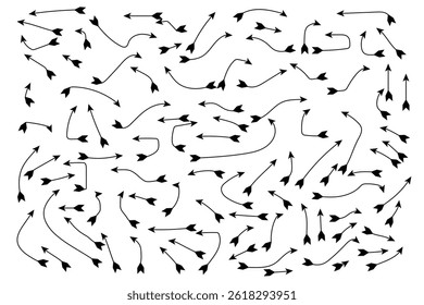 Collection of black line arrows. Set of Hand drawn vector arrows doodle on white background. Hand drawn straight and curved black doodle chalk arrows collection. Vector Formats. Collection pointers.