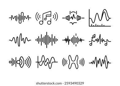 Collection of Black Line Art Audio and Music Icons