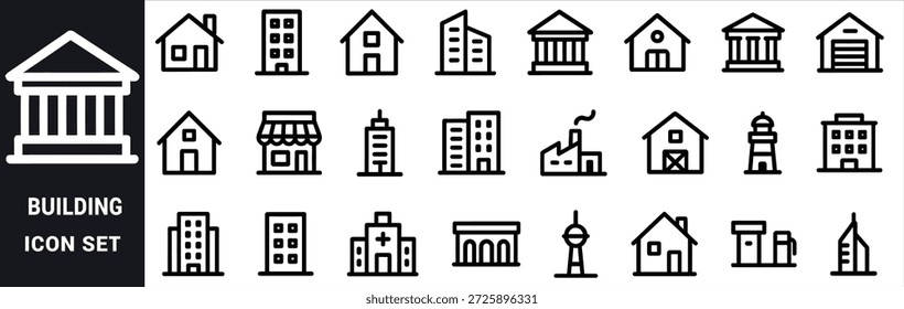 Colección de iconos de construcción de arte de línea negra en el fondo blanco