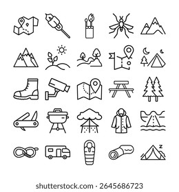 Coleção de ícones de arte em linha preta representando atividades de acampamento e ao ar livre. Esta imagem mostra acampamentos, ao ar livre, atividades, ícones, line art.