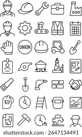 A collection of black line art icons representing construction and industrial themes, including workers, tools, safety equipment, machinery, and building materials on a white background.