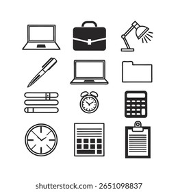 Uma coleção de ícones e equipamentos de arte com traço preto, incluindo laptops, uma pasta, uma caneta, uma calculadora, um despertador, um relógio de parede, um documento e uma área de transferência.