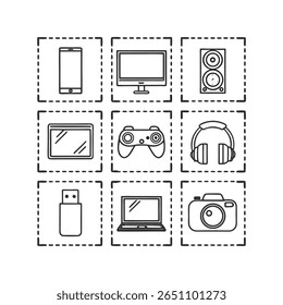 Uma coleção de ícones de arte de linha preta de equipamentos de áudio, incluindo um smartphone, monitor, alto-falantes, tablet, gamepad, fones de ouvido, unidade flash, laptop e câmera, organizados em uma grade.