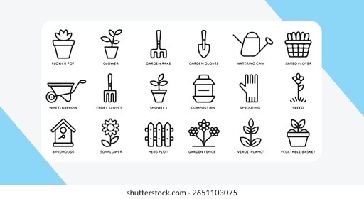 A collection of black line art icons depicting various gardening tools and plants, including a flower pot, watering can, rake, shovel, gloves, wheelbarrow, compost bin, birdhouse, sunflower, fence.