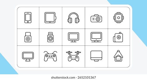 A collection of black line art icons depicting various electronic devices and gadgets on a white grid with a blue background.