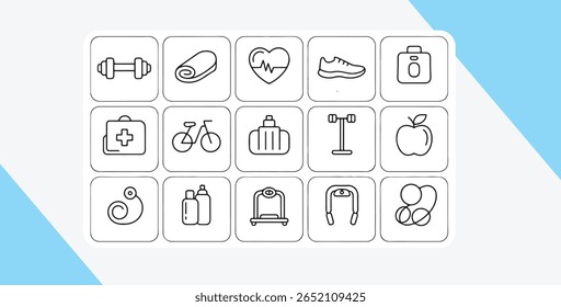Uma coleção de ícones de arte de linha preta representando vários itens de fitness e relacionados à saúde em um fundo branco com uma sobreposição azul clara.