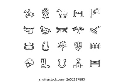 Coleção de ícones da arte da linha preta que retratam equipamentos de esportes equestres, animais e instalações.