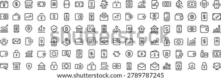 A collection of black line art icons related to finance, banking, and cryptocurrency, including symbols for money, wallets, and security.