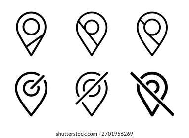 Una colección de iconos de pin de mapa de línea negra, que incluyen ubicación, navegación, GPS, actualización y desactivación de símbolos. Ideal para proyectos de App y Sitios web.