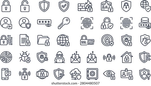 Collection of black line art security icons on white background including shield, lock, key, bug, password, fingerprint, email, house and globe