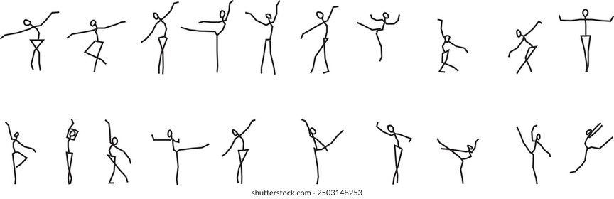 A collection of black line drawings featuring ballet dancers rendered as matchstick figures in various elegant and poised positions. These minimalist designs capture the essence of ballet