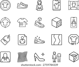 A collection of black line drawings of various clothing and shoe items with people and boxes and nft and smart phone and camera