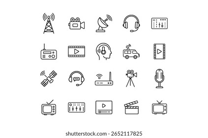 Uma coleção de ícones de linha preta representando vários elementos de mídia e comunicação, incluindo um rádio, câmera de vídeo, antena parabólica, fones de ouvido e um console de mixagem.