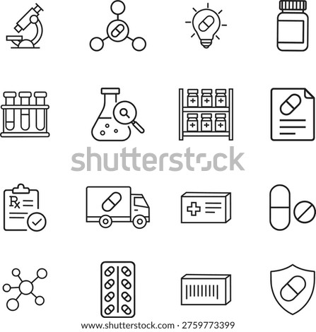 A collection of black line icons depicting various medical and pharmaceutical symbols and objects in a simple style on a