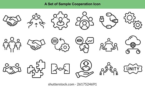 Collection of black line icons featuring cooperation concepts handshake, gear teamwork, meeting, connection and puzzle pieces, all on a transparent background.