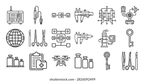 collection of black line icons featuring laboratory instruments tools medical equipment technology and healthcare related devices in simple style