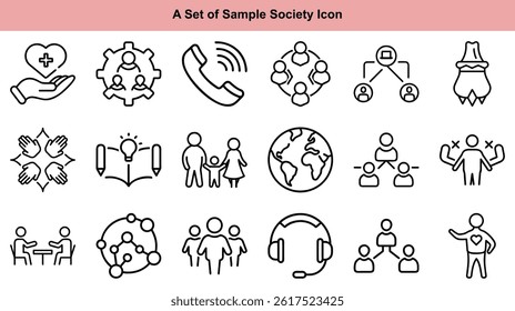 Collection of black line icons illustrating society elements such as teamwork, family, global networks, support calls, collaboration, and meetings on transparent background.