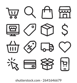 A collection of black line icons illustrating various aspects of online shopping, including a shopping cart, search, and delivery.
