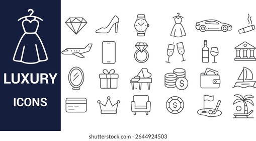A collection of black line icons on a white background depicting luxury items such as jewelry, vehicles, and leisure activities. Simple line style.