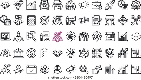 Collection of black line icons on white background representing business concepts, including finance, marketing, and productivity symbols.